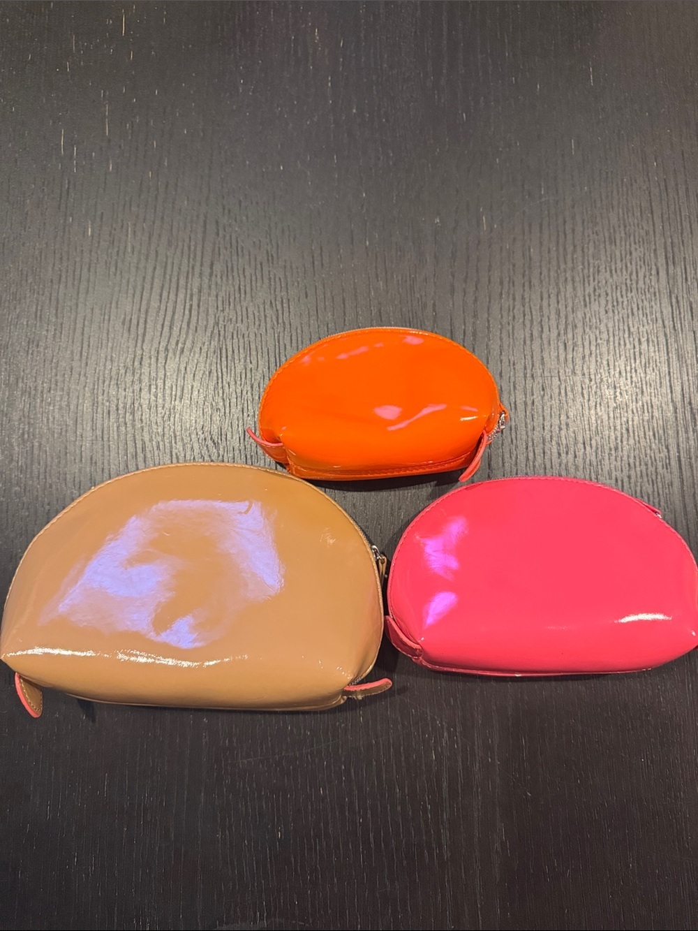 Sondra Roberts tan, pink, orange zipper patent faux leather cosmetic bags. NWOT